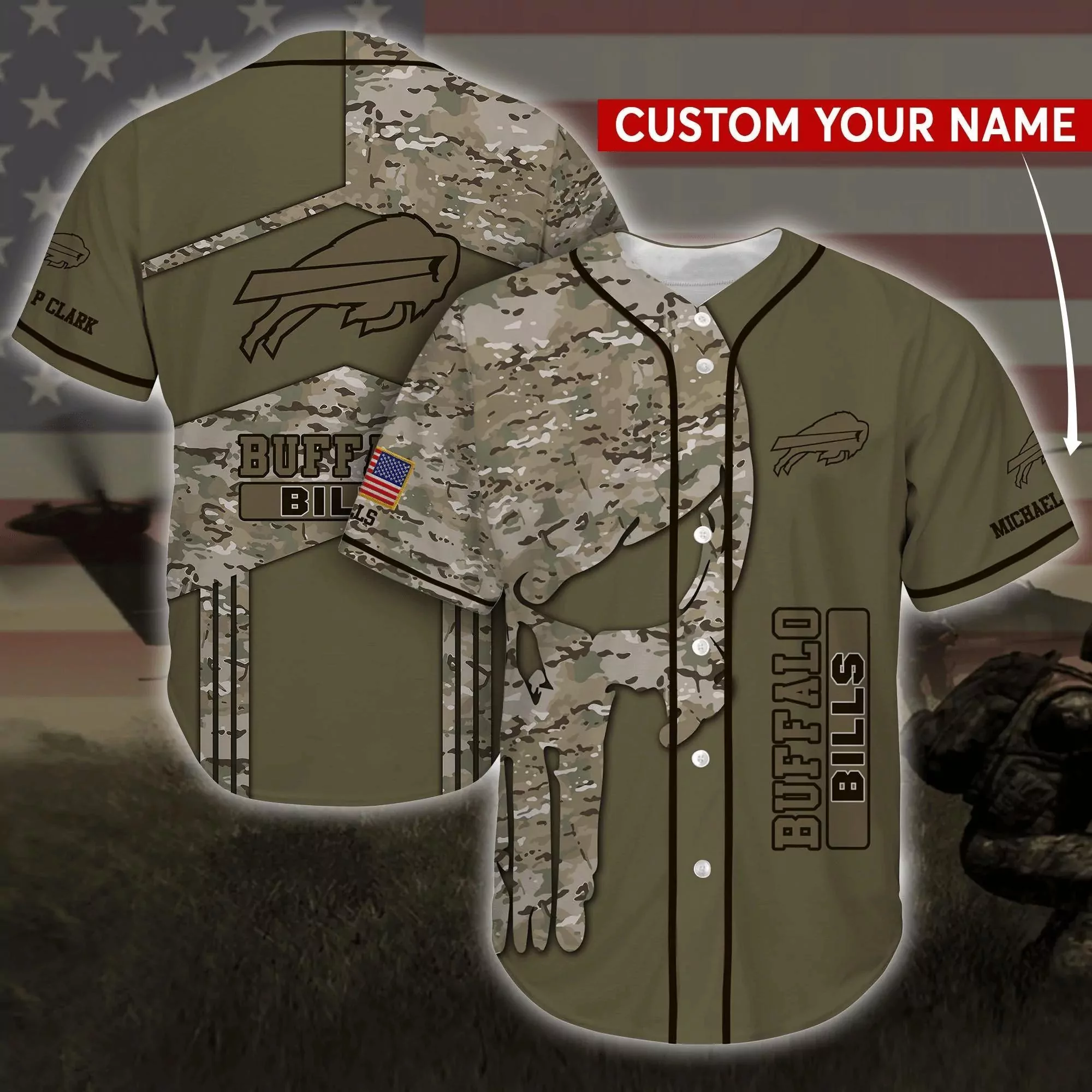 Buffalo Bills NFL Personalized Baseball America Flag Camo 3d Baseball Shirt