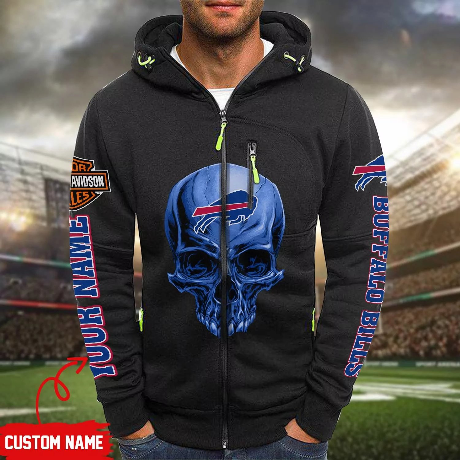 Buffalo Bills nfl skull Pullover Hooded Jacket Outwear Coat Gifts 3d