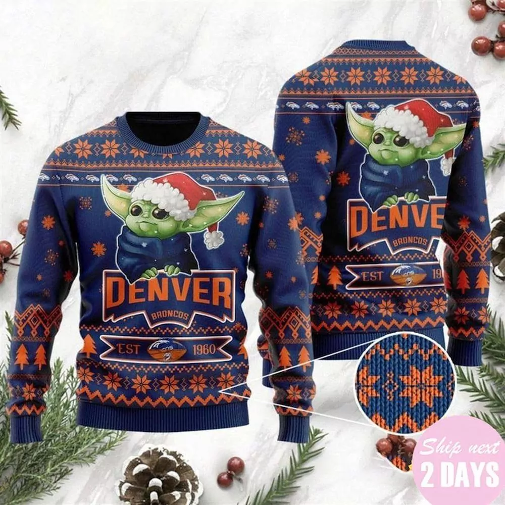 Denver Broncos Cute Baby Yoda Grogu Holiday Party Personalize Limited 3d ugly sweatshirt