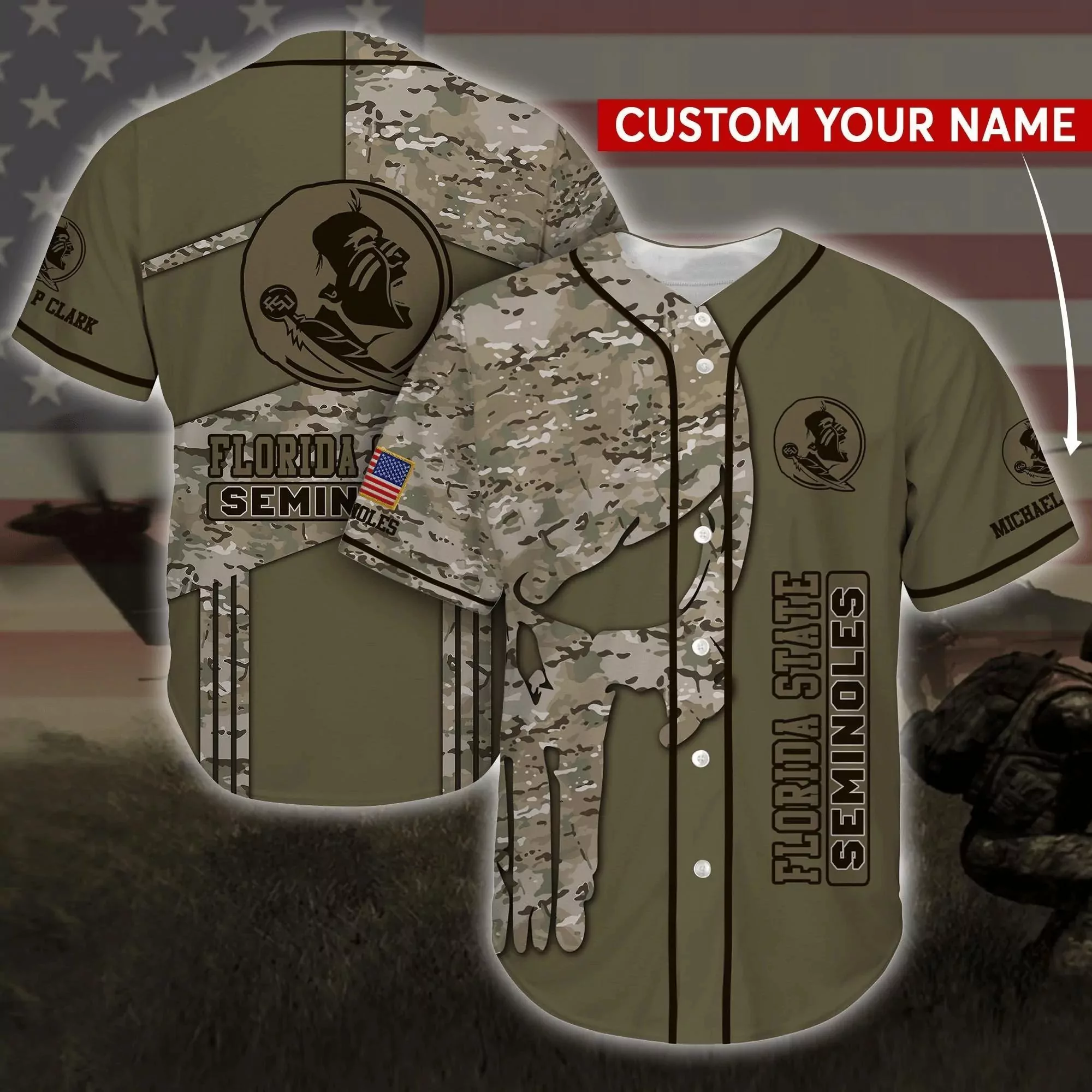 Florida State Seminoles Personalized Custom Name Baseball Camo 3d Baseball Shirt