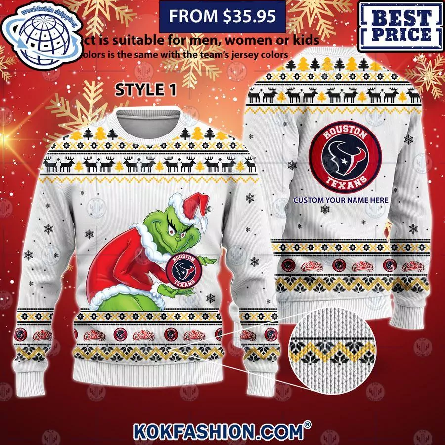 Houston Texans Grinch NFL christmas gift white edition 3d ugly sweatshirt