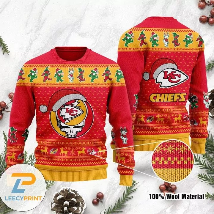 Kansas City Chiefs Grateful Dead Skull And Bears Wool Christmas 3d ugly sweatshirt