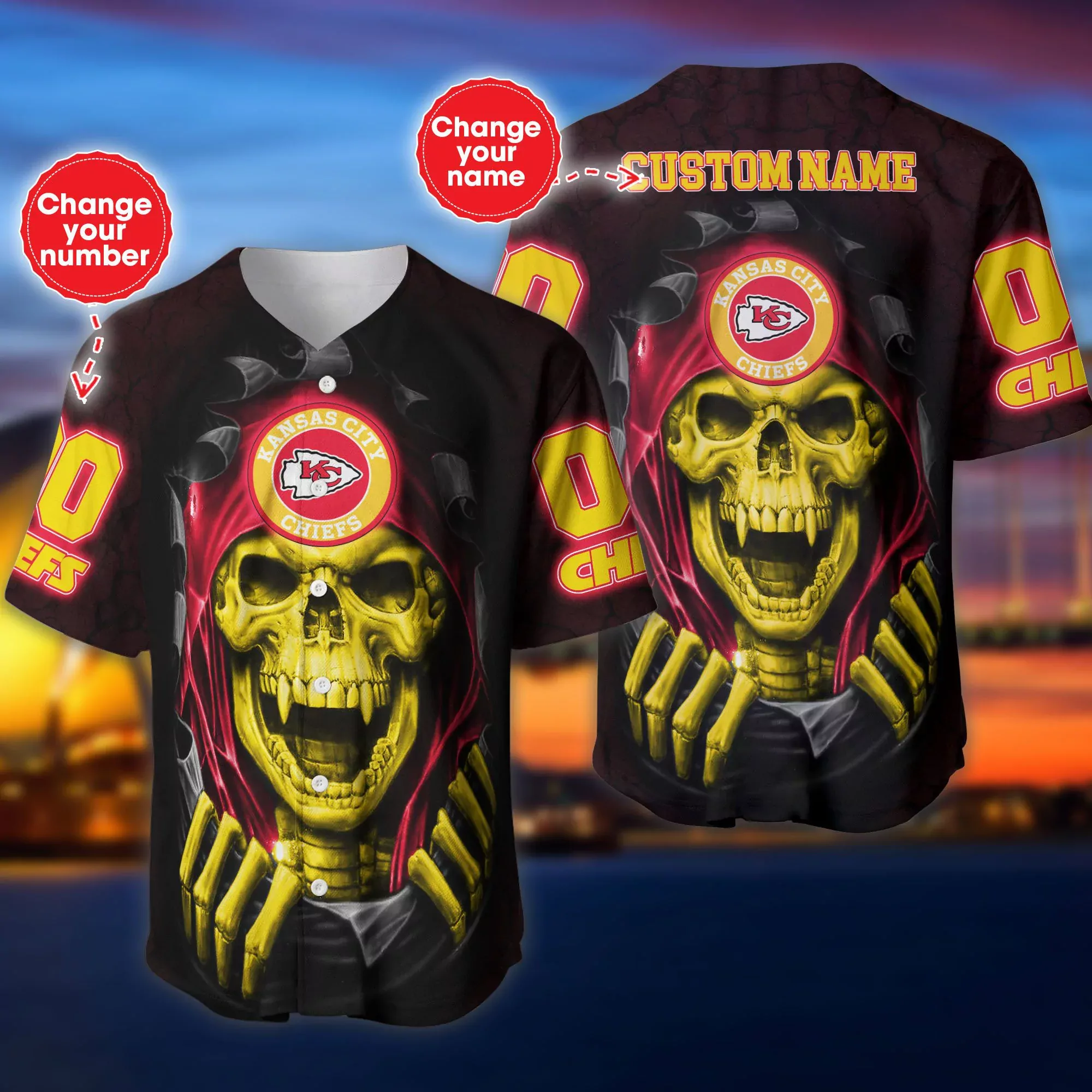 Kansas City Chiefs Grim Reaper Custom Baseball 3d Baseball Shirt