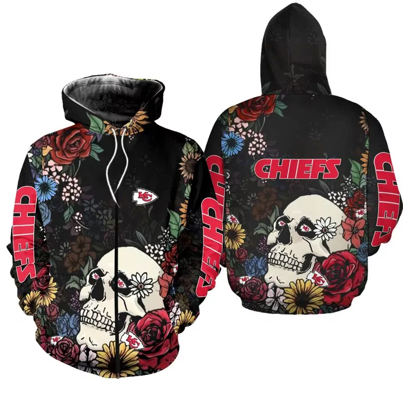 Kansas City Chiefs Skull And Flowers Zip Up 23010 3d