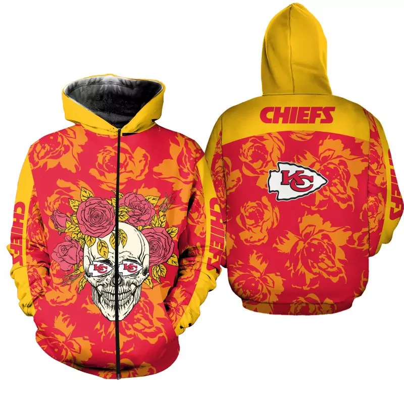 Kansas City Chiefs Skull And Rose Pattern Zip Up 65610 3d