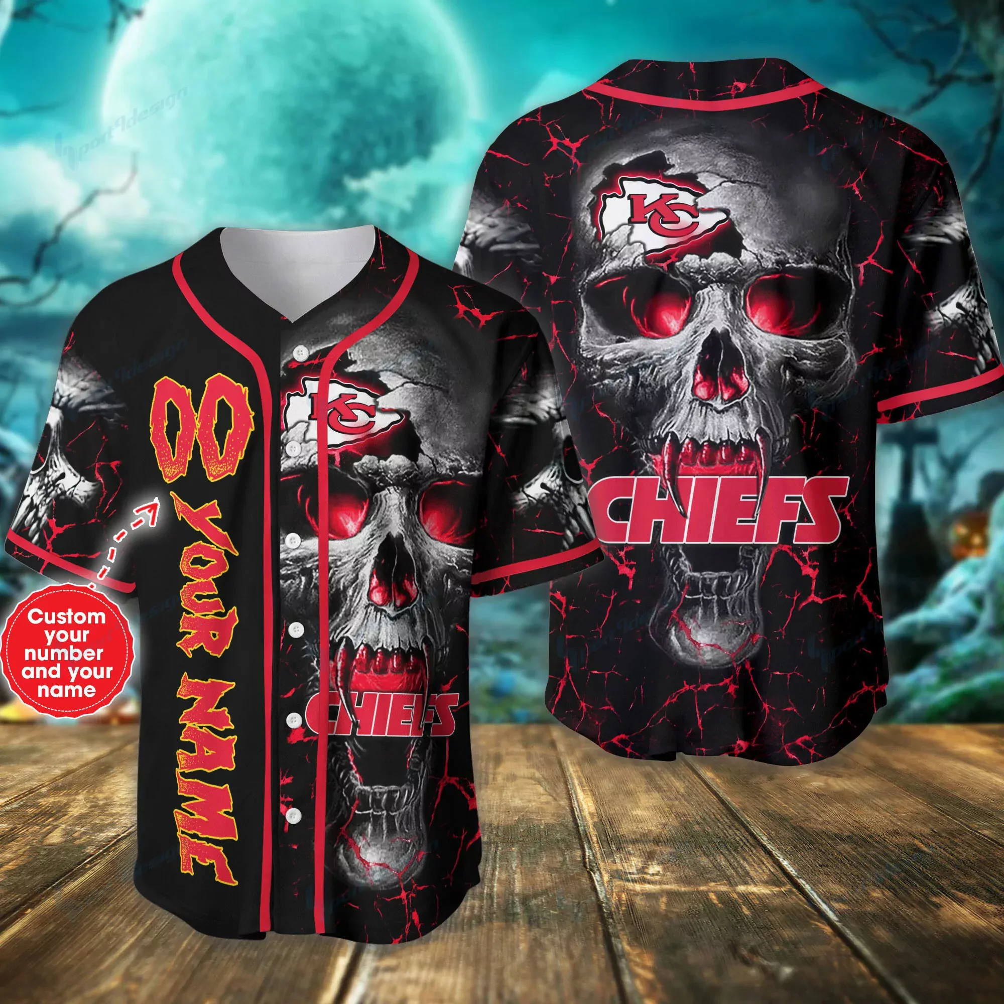 Kansas City Chiefs Skull Thunder Custom Baseball 3d Baseball Shirt