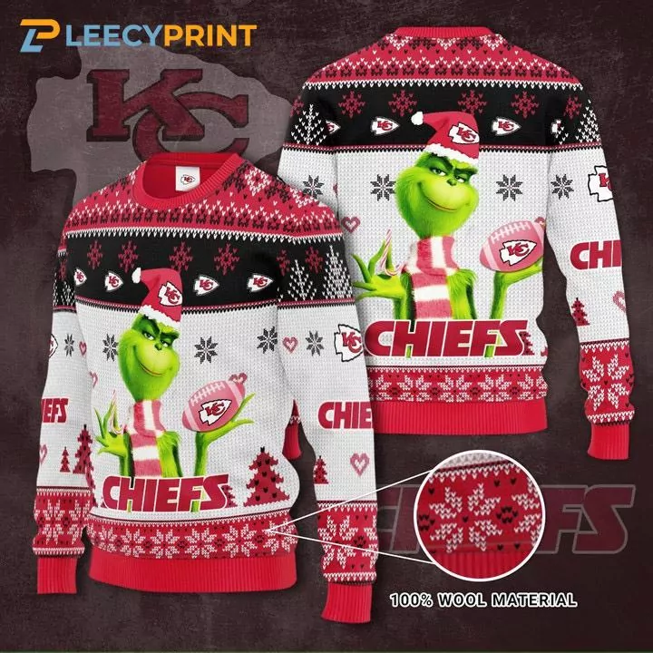 Kansas City Chiefs The Grinch Gift For Fan Wool Christmas 3d ugly sweatshirt