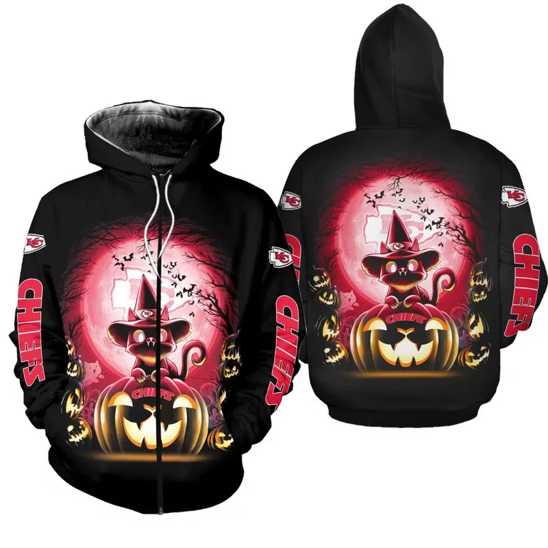 Kansas City Chiefs Witch Cat Halloween Edition Unisex Zip Up 48810 3d