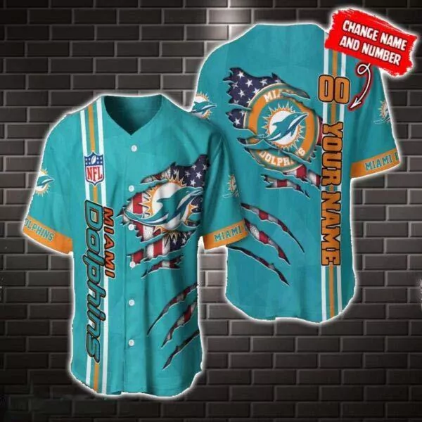 Miami Dolphins Personalized Button Baseball Unisex Brush Pattern 3d Baseball Shirt