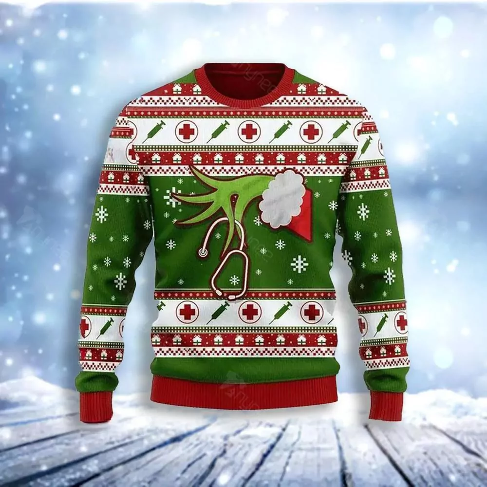 Nurse The Grinch Hand Christmas 3d ugly sweatshirt
