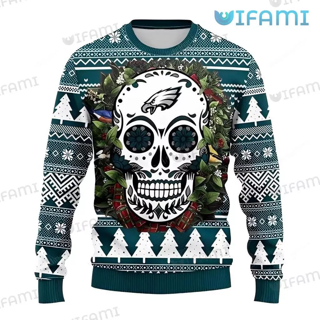 Philadelphia Eagles Christmas Sugar Skull Wreath Philadelphia Eagles Gift 3d ugly sweatshirt