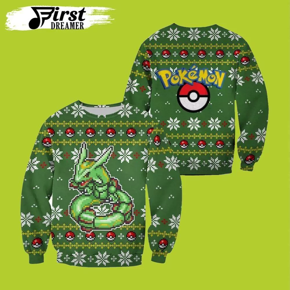 Pokemon Rayquaza Red Merry Xmas Pokemon Christmas The First Dreamer Store 3d ugly sweatshirt